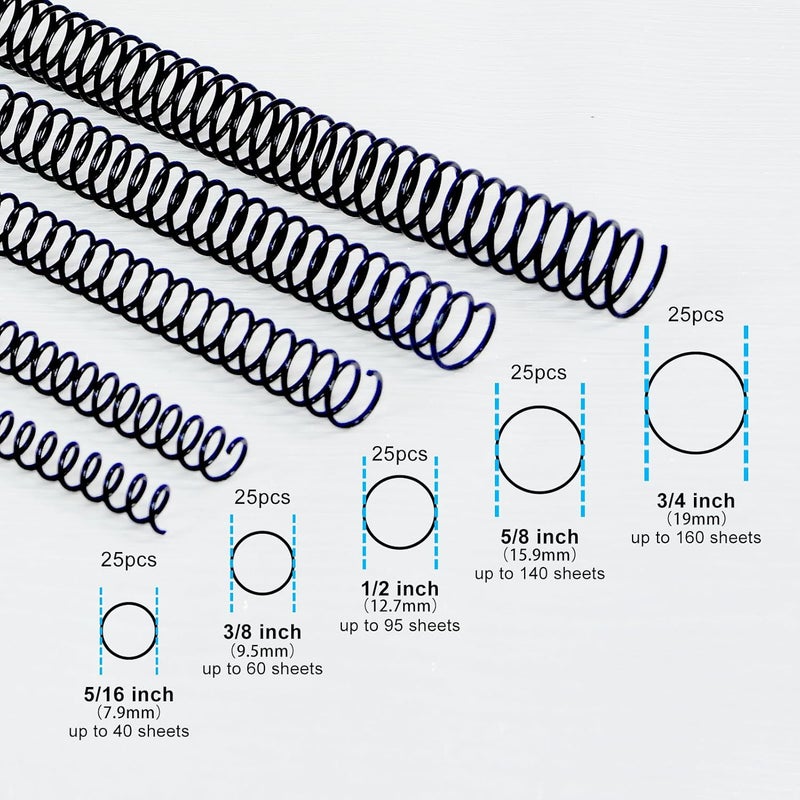 RAYSON Plastic Spiral Binding Coil, Mixed Sizes (5/16", 3/8", 1/2", 5/8", 3/4") 4:1 Pitch Black Coil Binding Spines for Business and Educational Purposes, Pack of 125 - Image 2