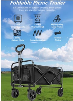 HXDream Outdoor Wagon Collapsible with Removable Fabric Festival Garden Camping Picnic Cart Supports Max 150kg Portable Transport Trailer Black  - Image 2