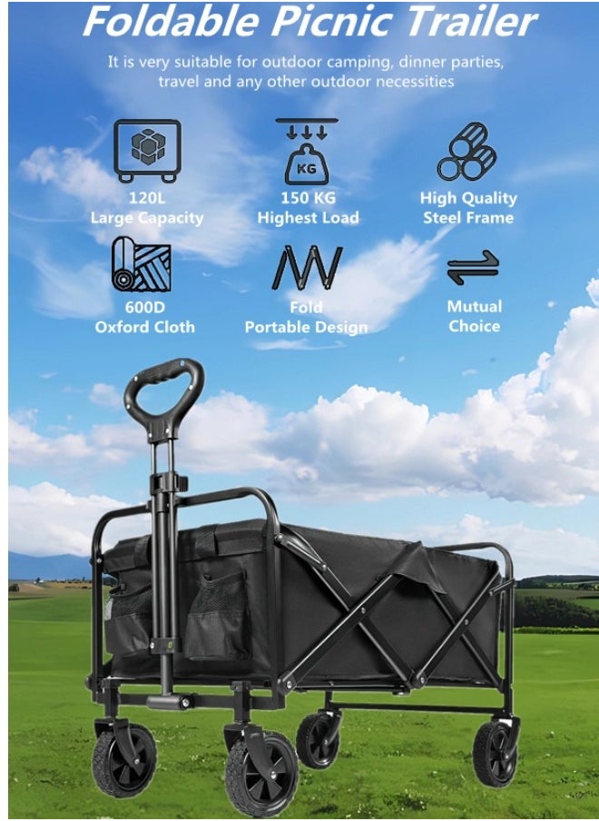 HXDream Outdoor Wagon Collapsible with Removable Fabric Festival Garden Camping Picnic Cart Supports Max 150kg Portable Transport Trailer Black  - Image 2