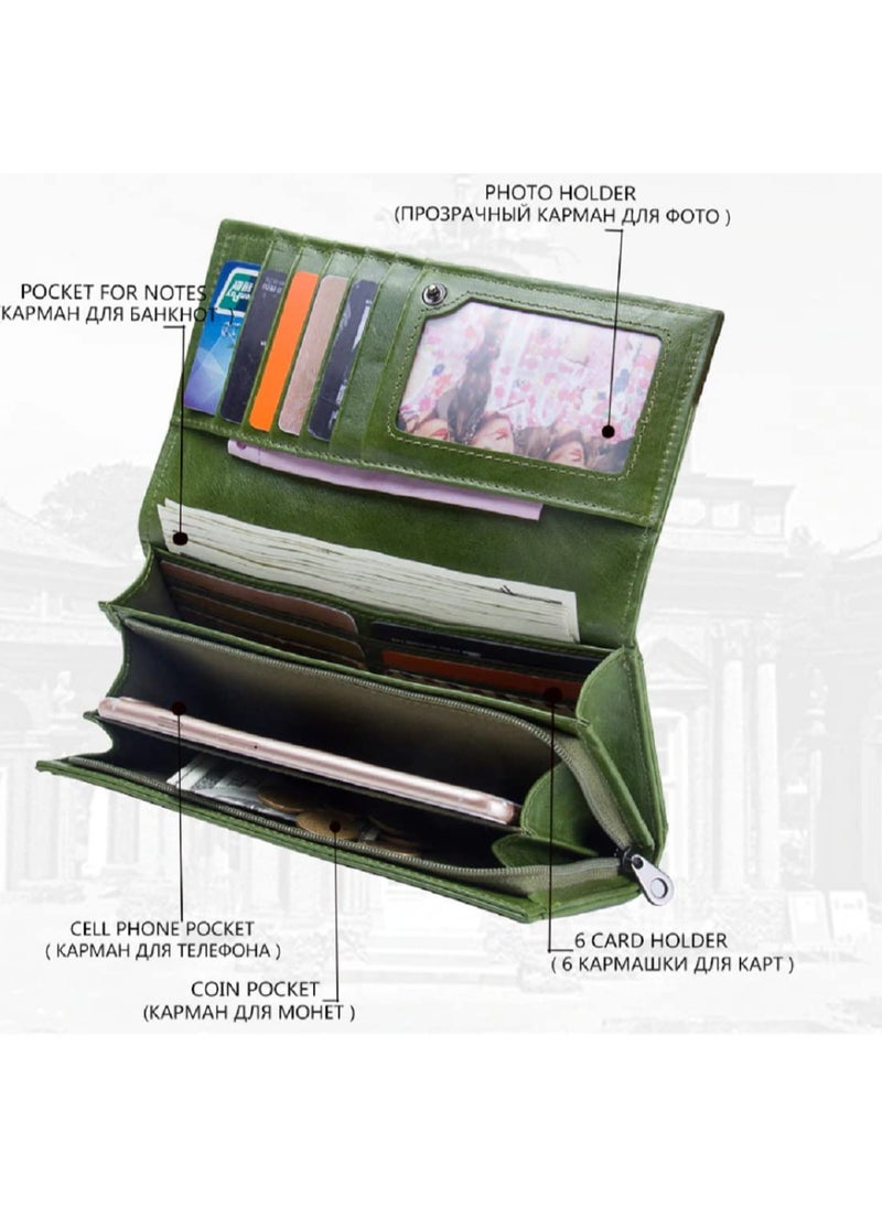 CONTACTS Bifold Leather Wallet for Women with RFID Protection Slim Zipper Purse Card Holder Organizer Seaweed Green  - Image 2