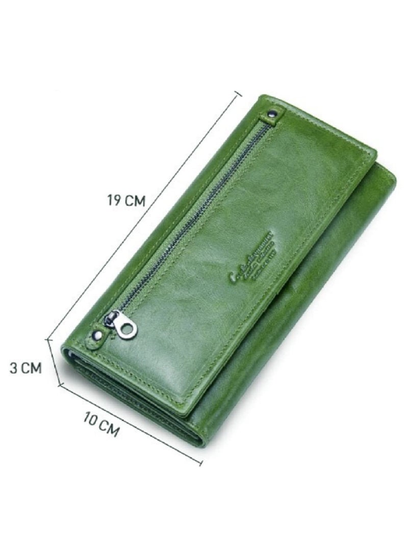 CONTACTS Bifold Leather Wallet for Women with RFID Protection Slim Zipper Purse Card Holder Organizer Seaweed Green  - Image 3