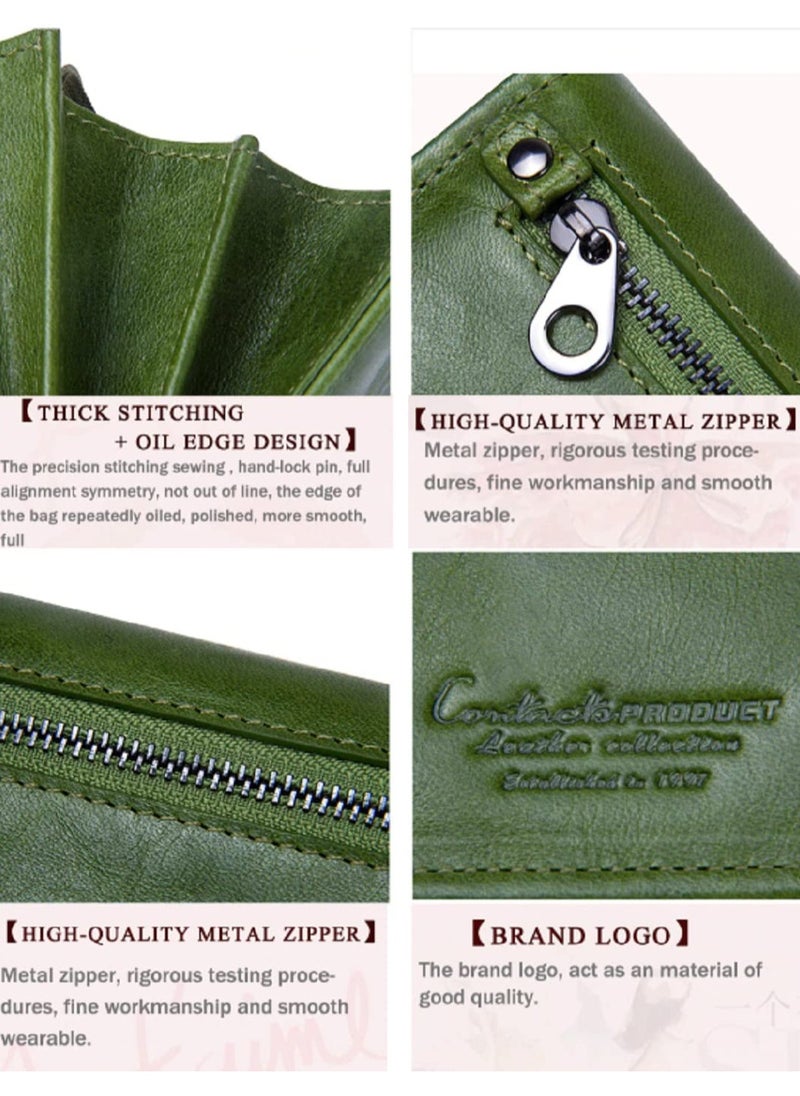 CONTACTS Bifold Leather Wallet for Women with RFID Protection Slim Zipper Purse Card Holder Organizer Seaweed Green  - Image 4