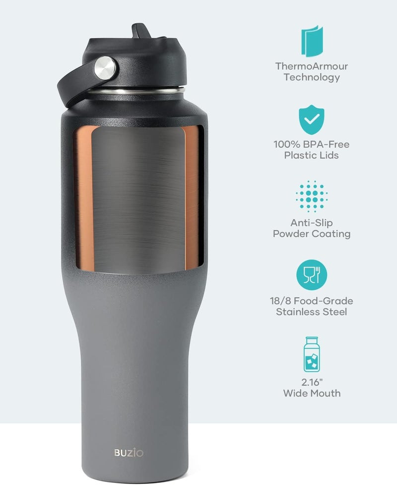 BUZIO 40 oz Insulated Water Bottle Tumbler with Straw and Lids (2 Lids), 40oz Stainless Steel Water Bottles Fits in Any Car Cup Holders, Large Capacity Metal Coldest Flask, Cupholder Friendly, Shadow Precision processed material - Image 5