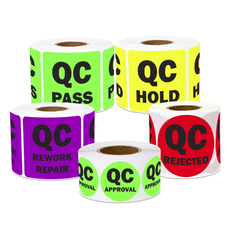 OfficeSmartLabels 1500 Labels - Quality Control Sticker Bundle for Quality Control Inventory Warehouse (1 Inch, Green, Lt Green, Yellow, Red, Purple - 5 Rolls) - Image 1