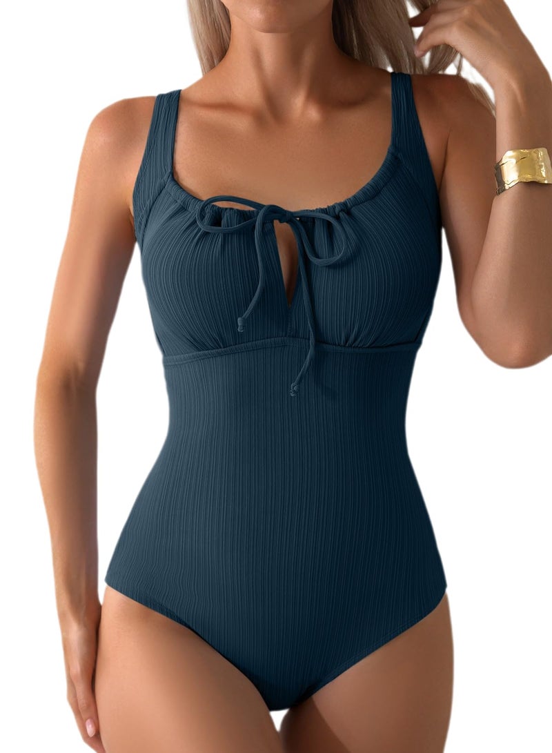 Aleumdr Textured Tummy Control Swimsuits for Women Tie Knot One Piece Bathing Suit Drawstring Slimming Vintage Swimwear Sail Blue Large - Image 1