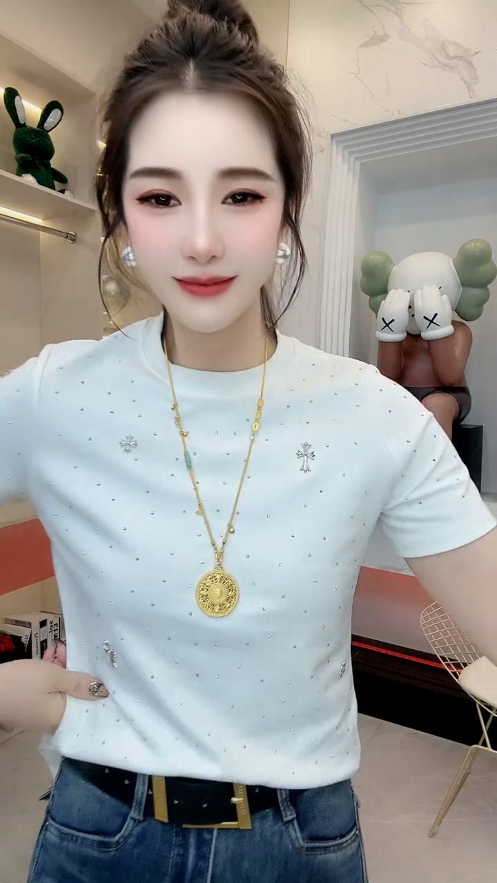 European Station Design Sense Heavy Industry Starry Sky Hot Diamond Short-Sleeved T-Shirt Women's 2026 New Slim-Fit Versatile Half-Sleeve Top - Image 1