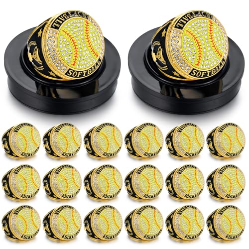 Highergo 20 Pcs Baseball Softball Basketball Football Champion Rings with Display Neck Chain and Stand Volleyball Soccer Cheer Trophy Rings Bulk for Tournament Award GiftGoldSoftball - Image 1
