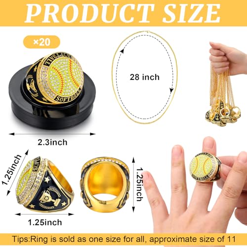 Highergo 20 Pcs Baseball Softball Basketball Football Champion Rings with Display Neck Chain and Stand Volleyball Soccer Cheer Trophy Rings Bulk for Tournament Award GiftGoldSoftball - Image 3
