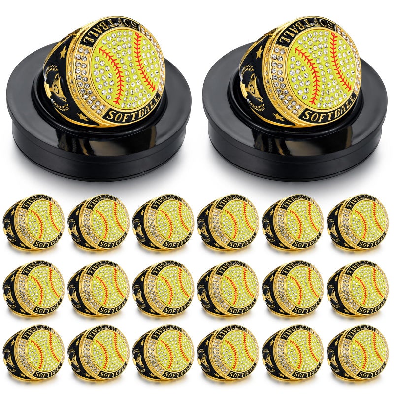 Highergo 20 Pcs Baseball Softball Basketball Football Champion Rings with Display Neck Chain and Stand Volleyball Soccer Cheer Trophy Rings Bulk for Tournament Award GiftGoldSoftball - Image 2