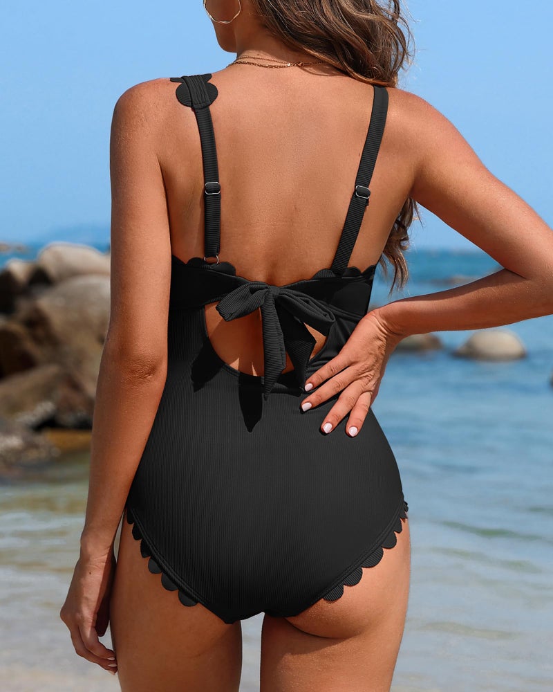 Charmo Bathing Suit for Women One Shoulder One Piece Swimsuit Women Scallop Tummy Control Swim Suits for Lady Black S - Image 3