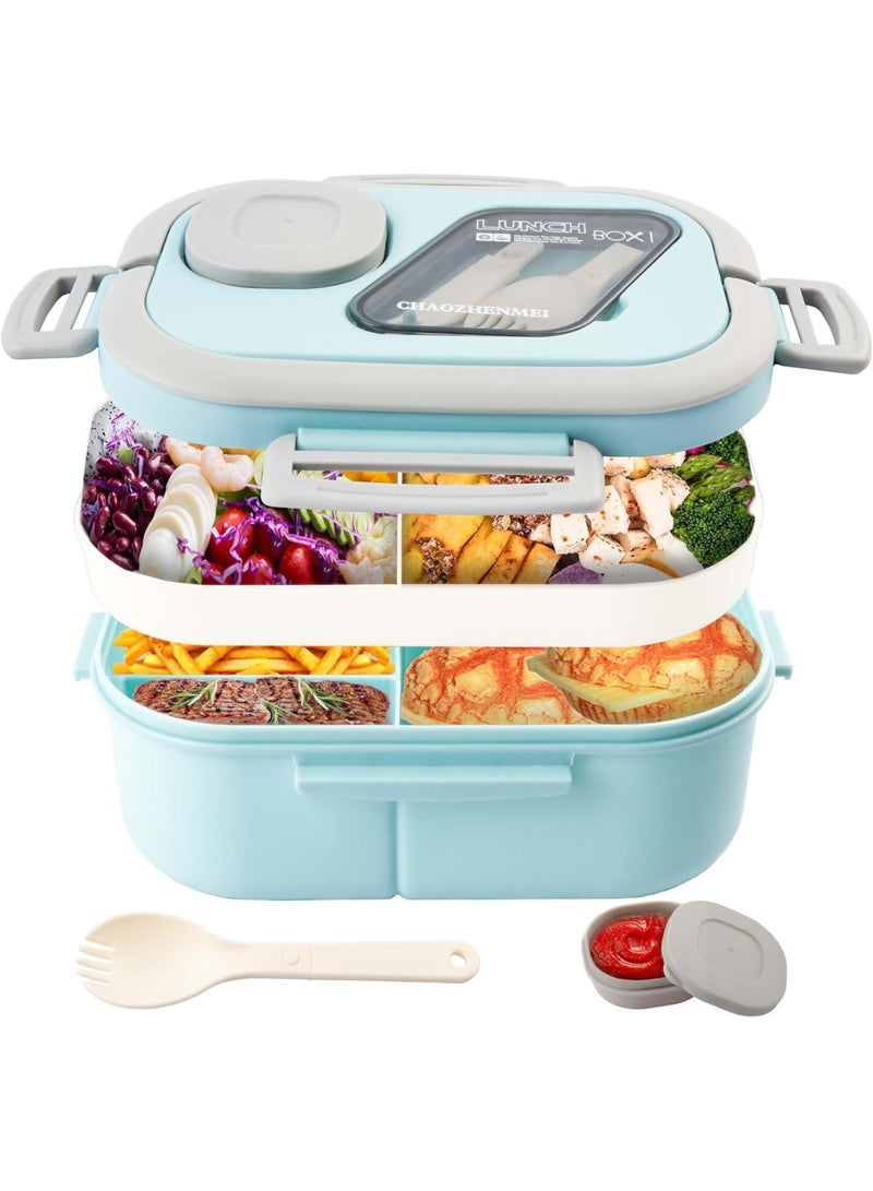 Bento Lunch Box, Salad Container, Large 43oz Salad Bowl, with 4 Compartments, 3oz Sauce Container for Dressings, Built-In Reusable Fork, Microwave u0026 Dishwasher Safe (Blue) - Image 1