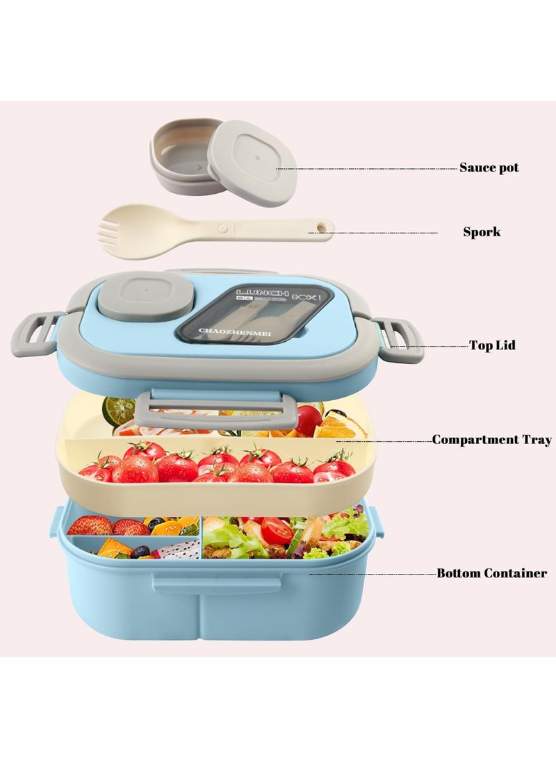 Bento Lunch Box, Salad Container, Large 43oz Salad Bowl, with 4 Compartments, 3oz Sauce Container for Dressings, Built-In Reusable Fork, Microwave u0026 Dishwasher Safe (Blue) - Image 2