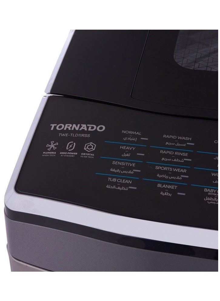 TORNADO - Tornado Free Standing Top Load Automatic Inverter Washing Machine, 11 KG, Black and Silver - TWE-TLD11RSS - Image 1