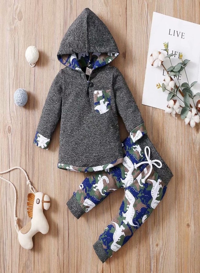 FOCICI Toddler Baby Boy Clothes Infant Spring Winter Outfits Pocket Hoodie Sweatshirt Dinosaur Pants Grey Blue 12-18 Months - Image 2
