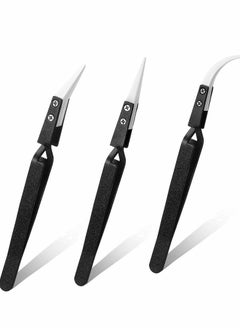 Excefore Reverse Tweezers, 3 Pcs Black Precision Cross Locking Tweezers Ceramic Tip Kit for Electronic Soldering, Soldering Tool with Tips  - Image 1