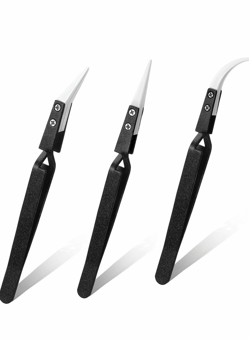 Excefore - Reverse Tweezers, 3 Pcs Black Precision Cross Locking Tweezers Ceramic Tip Kit for Electronic Soldering, Soldering Tool with Tips - Image 1