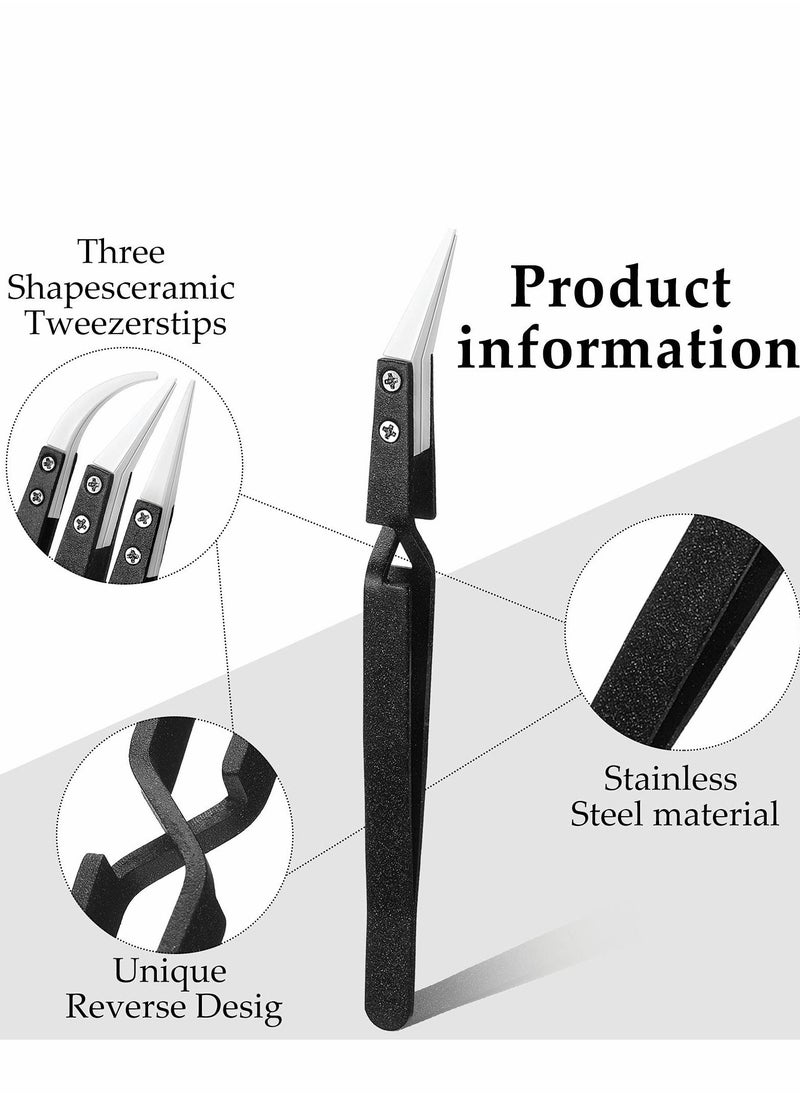 Excefore - Reverse Tweezers, 3 Pcs Black Precision Cross Locking Tweezers Ceramic Tip Kit for Electronic Soldering, Soldering Tool with Tips - Image 1