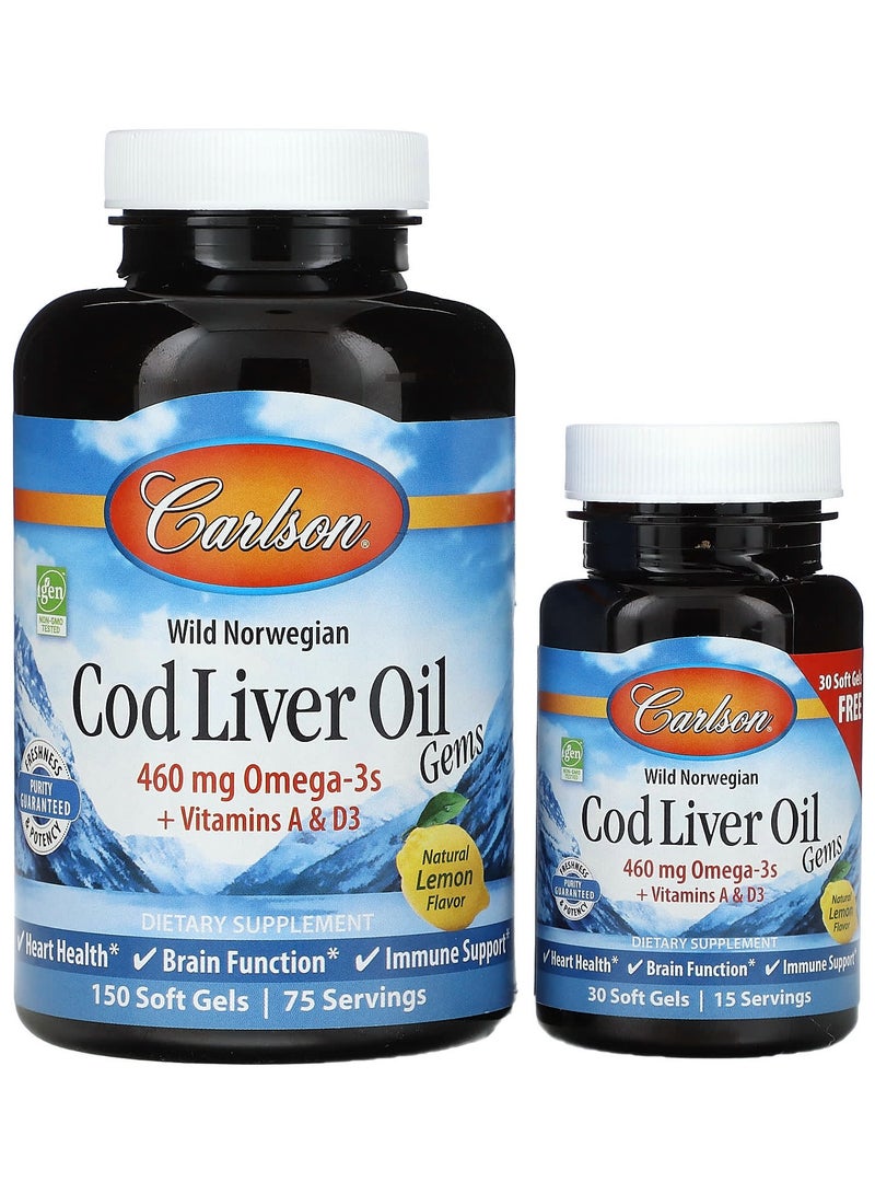 Wild Norwegian, Cod Liver Oil Gems, Lemon, 150 + 30 Soft Gels