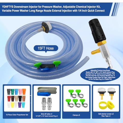 YDHFTYS Adjustable Long Range Nozzle for Pressure Washer, Downstream Injection Spray Nozzle Kit 4–4.5 GPM, External Chemical Injector w/1/4" Quick Connect,15FT Hose,Shut-Off Valve & Filter,2500–4000 PSI. - Image 2
