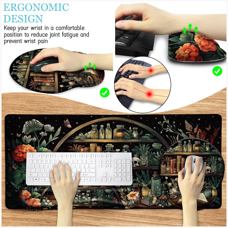 LIMKRIAN Goth Skull Mouse Pad Set Large Desk Mat for Desktop, Ergonomic Mouse Pad with Wrist Rest for Gaming, Keyboard Mat Wrist Support Cup Coaster Set, Gothic Office Desk Accessories Decor Supplies - Image 3