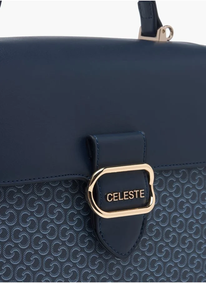 Celeste Women Monogram Print Satchel Bag with Grab Handle and Button Closure