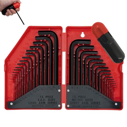 AMM 31-Piece Hex Key Wrench Set, Metric and SAE Allen Wrenches (0.028-3/8 inch, 0.7-10 mm) L Shape Allen Keys, Chrome Vanadium Steel - Image 1