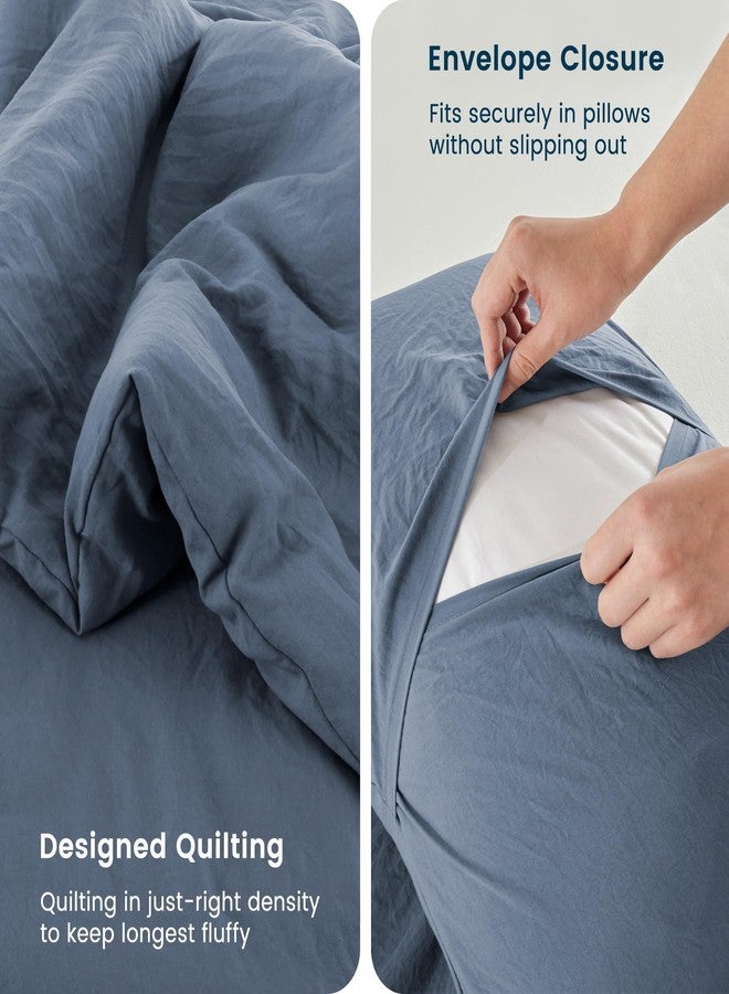 SLEEP ZONE طقم لحاف كوين من سليب زون، حشوة لحاف بنسيج مجعد طبيعي، ملمس قطني كتاني، أطقم مفروشات خفيفة الوزن وجيدة التهوية مع لحاف واحد و2 غطاء وسادة (أزرق حجر الصوان) - Image 4