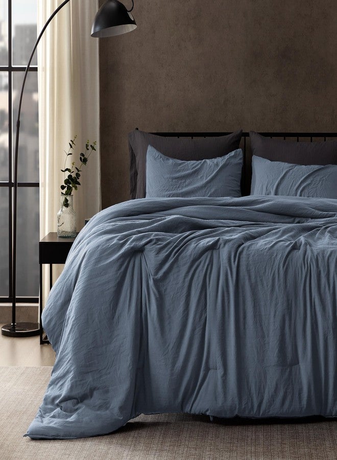 SLEEP ZONE طقم لحاف كوين من سليب زون، حشوة لحاف بنسيج مجعد طبيعي، ملمس قطني كتاني، أطقم مفروشات خفيفة الوزن وجيدة التهوية مع لحاف واحد و2 غطاء وسادة (أزرق حجر الصوان) - Image 2