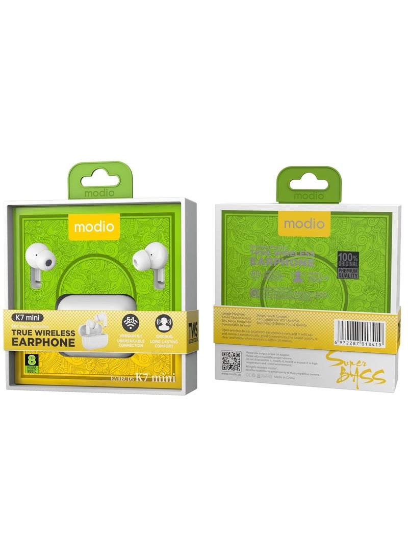 Wireless Earphone K7 Mini – Compact, Comfortable, Long-Lasting, and Compatible with Android/iOS (White)