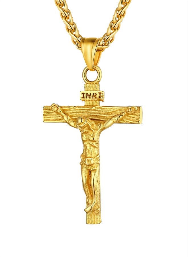 U7 Men Crucifix Cross Pendant with Chain Baptism Christian Jewelry Stainless Steel/18K Gold Antique Jesus Necklace, Gift Packed,Length 22", 24inch, Stainless Steel - Image 1