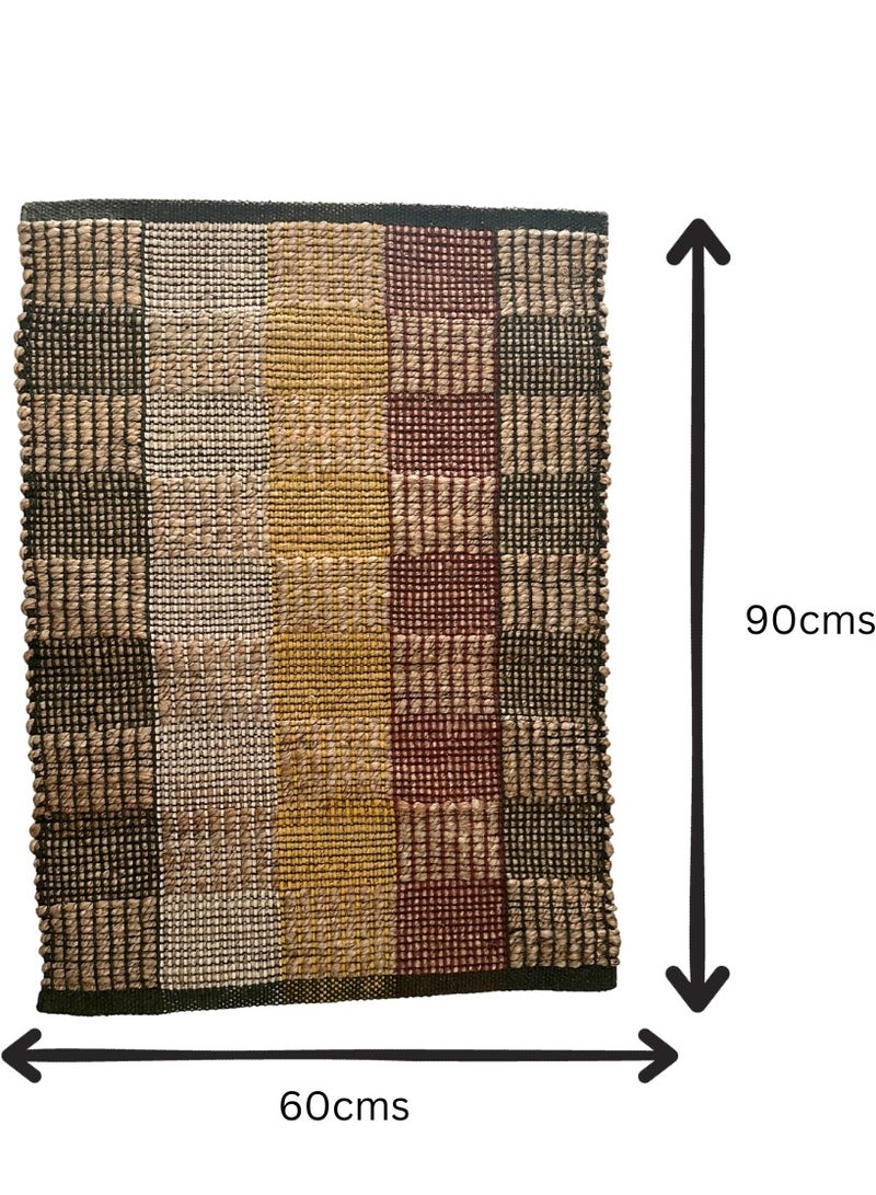 IndiaWeaves Handwoven Jute Cotton Rug Multicolors Square Pattern Size- 60x90cm - Image 3