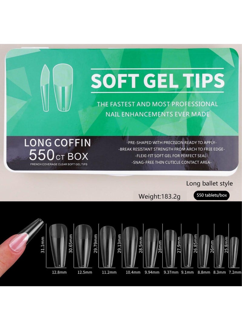 KASTWAVE 550pcs Soft Gel Full Cover Nail Clippers 10 Sizes Gel Nail Clippers Full Cover False Nails Artificial Nails with Box Matte Long Ballet Nail Extensions for Nail Salon and DIY Manicure - Image 1