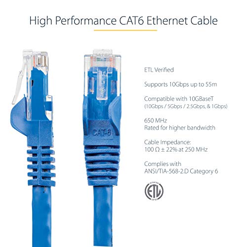 StarTech.com 25ft CAT6 Ethernet Cable - Blue CAT 6 Gigabit Ethernet Wire -650MHz 100W PoE++ RJ45 UTP Category 6 Network/Patch Cord Snagless w/Strain Relief Fluke Tested UL/TIA Certified (N6PATCH25BL) - Image 3