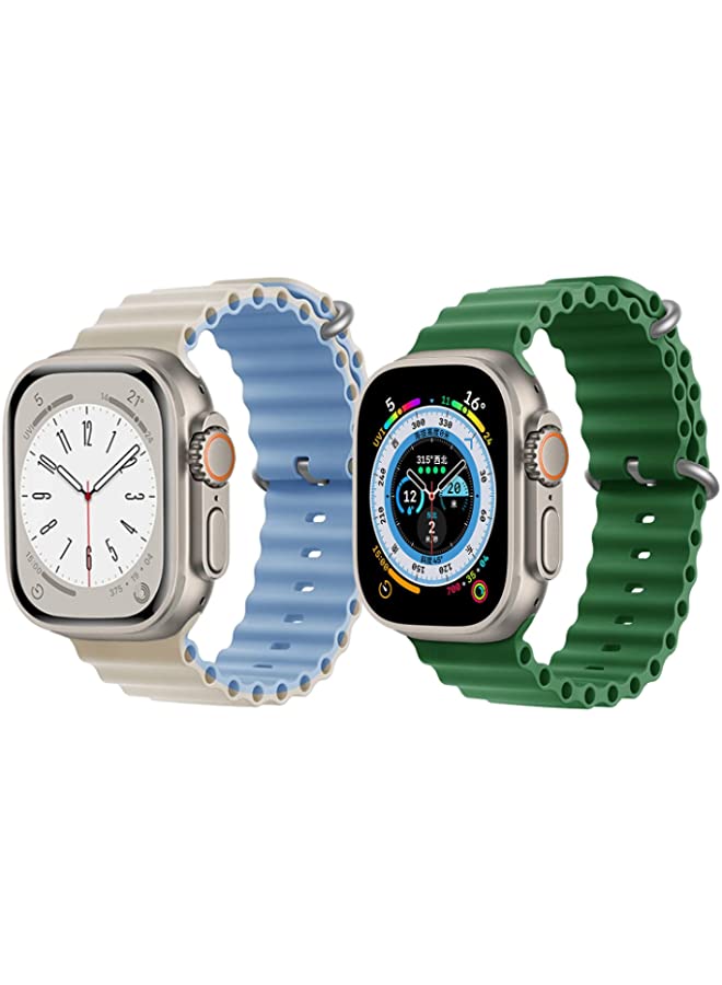 IAF Silicone Ocean Band Strap for Apple Watch Ultra 8 49mm Beige/Sky Blue Double Side Strap with Green Single Color Strap Set of 2