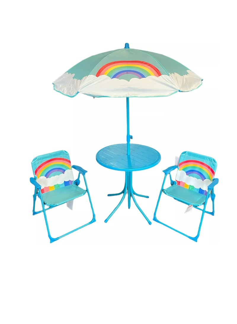 UKR Kids Outdoor Seating Set – Foldable Beach, Garden, Picnic & Camping Table With 2 Chairs & Umbrella, Includes Storage Bag (Blue) - Image 1