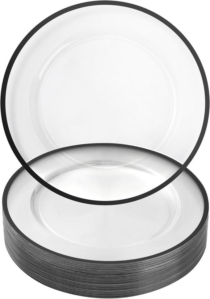 12 INCH CHARGER PLATES 25 PACK CLEAR CHARGER PLATES WITH BLACK TRIM PLASTIC CHARGER PLATE BULK FOR DINNER WEDDING PARTY EVENT DECORATION CLEARBLACK