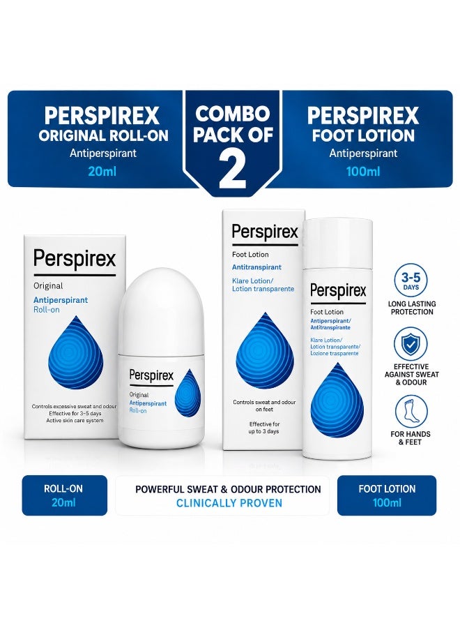 Perspirex Combo Set, Hand & Foot Antiperspirant Lotion 100ml + Original Roll-On 20ml, Long-Lasting Sweat & Odor Protection for Hands, Feet & Underarms