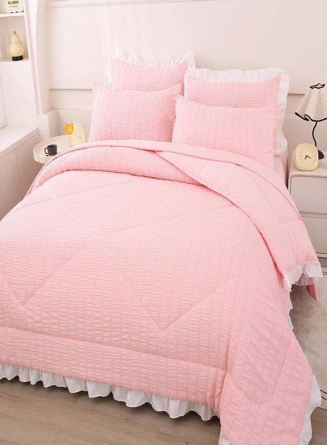 Mengersi Seersucker Comforter Set,Boho Chic Ruffled Comforter Set,Washed Microfiber Lightweight Bedding Set for All Seasons (Pink, Queen) - Image 3
