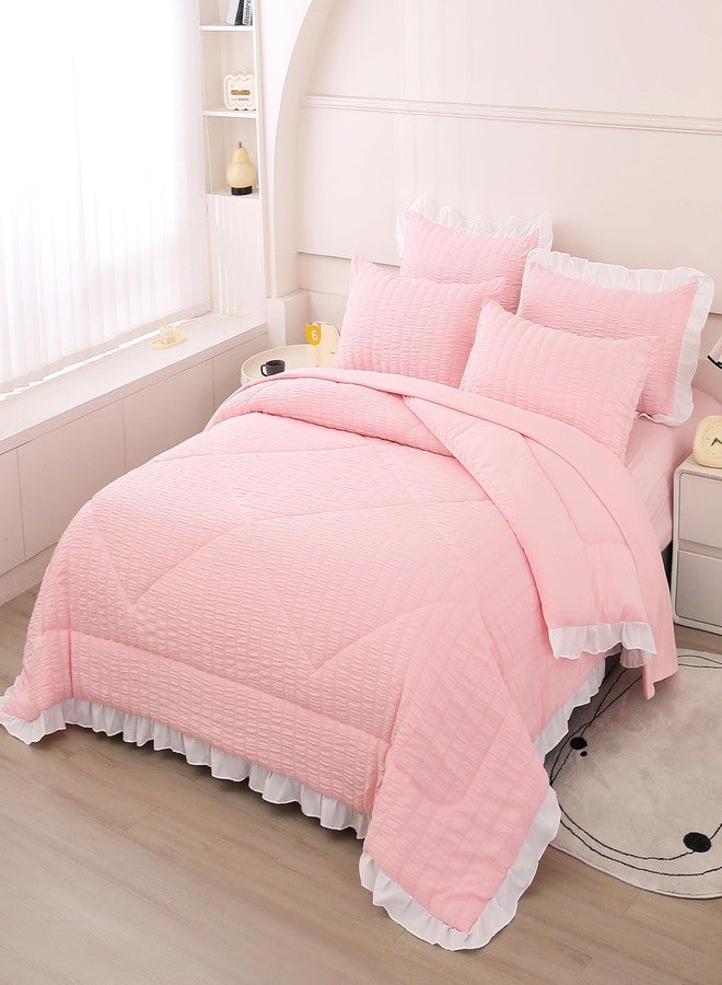 Mengersi Seersucker Comforter Set,Boho Chic Ruffled Comforter Set,Washed Microfiber Lightweight Bedding Set for All Seasons (Pink, Queen) - Image 2