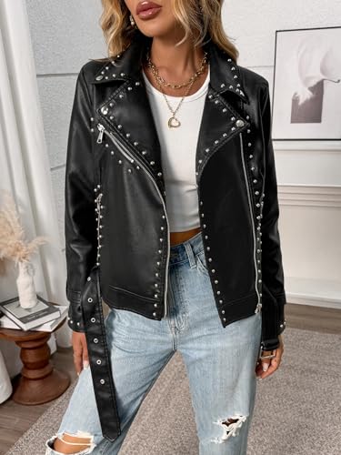 LY VAREY LIN Studded Faux Leather Moto Jacket Women Black PU Biker Coat with Rivets Punk Style (US, Alpha, Small, Regular, Regular, Black) - Image 2