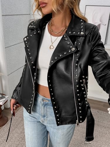 LY VAREY LIN Studded Faux Leather Moto Jacket Women Black PU Biker Coat with Rivets Punk Style (US, Alpha, Small, Regular, Regular, Black) - Image 3