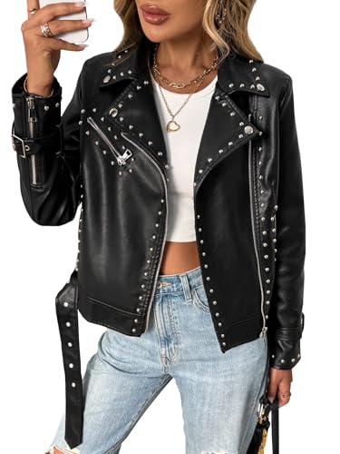 LY VAREY LIN Studded Faux Leather Moto Jacket Women Black PU Biker Coat with Rivets Punk Style (US, Alpha, Small, Regular, Regular, Black) - Image 1