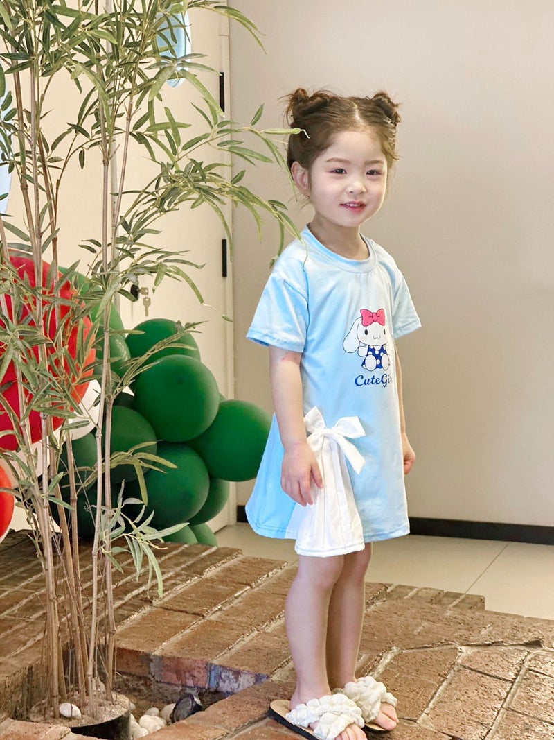 New 2024 Summer Dress New Girls Cartoon Cute dress Short-sleeved T-shirt Dress Princess Bow Dress for Girls Blue Skirt [879#]#] 