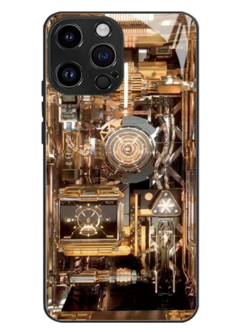 Creative mechanical parts pattern new metallic paint tempered glass phone case suitable for iPhone 14 Pro MECHANIC Case - Image 1