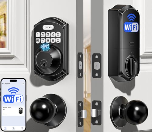 TEEHO TE012W-K WiFi Smart Keyless Entry Door Lock with Handle, Fingerprint Door Knob & Digital Keypad, APP Remote Control, Works with Alexa & Google, Electronic Deadbolt for Front Door, Matte Black - Image 1