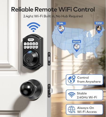 TEEHO TE012W-K WiFi Smart Keyless Entry Door Lock with Handle, Fingerprint Door Knob & Digital Keypad, APP Remote Control, Works with Alexa & Google, Electronic Deadbolt for Front Door, Matte Black - Image 2