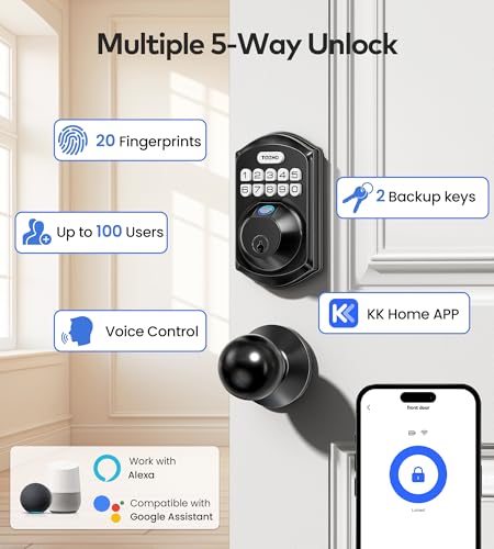 TEEHO TE012W-K WiFi Smart Keyless Entry Door Lock with Handle, Fingerprint Door Knob & Digital Keypad, APP Remote Control, Works with Alexa & Google, Electronic Deadbolt for Front Door, Matte Black - Image 4