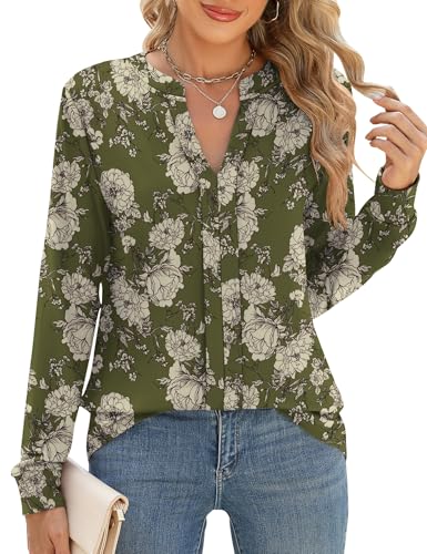 Micoson Work Tops for Women Business Casual Notch V Neck Flowy Tunic Tops Classy Long Sleeve Comfy Knitted Blouses Army Green Floral L - Image 1