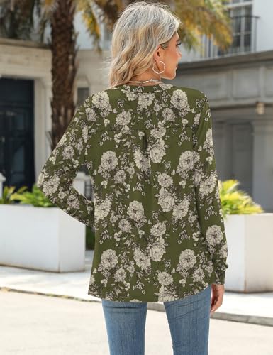 Micoson Work Tops for Women Business Casual Notch V Neck Flowy Tunic Tops Classy Long Sleeve Comfy Knitted Blouses Army Green Floral L - Image 4