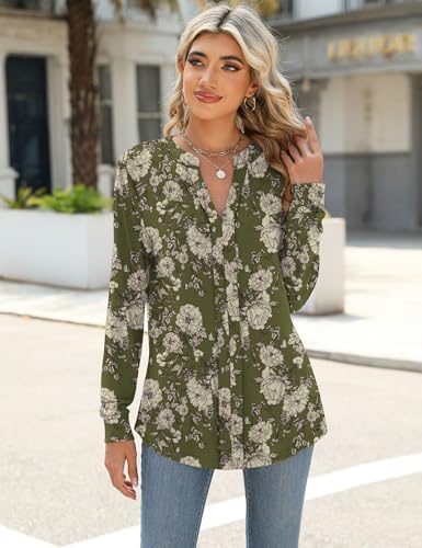Micoson Work Tops for Women Business Casual Notch V Neck Flowy Tunic Tops Classy Long Sleeve Comfy Knitted Blouses Army Green Floral L - Image 3